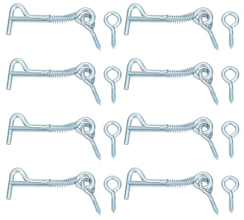 sourcing map 8Pcs 3.5 x 63mm Cabin Hook Eye Latch, Zinc-Plated Carbon Steel Spring Hook and Eye Safety Latch Wire Gate Hook and Eye Latch for Wood Window Door Hook, Blue White