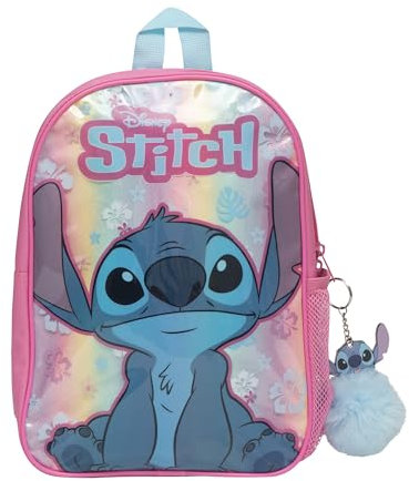 Stitch Disney Kids Rainbow Holographic Backpack with Stitch Pom Pom Keyring & Water Bottle Pocket - Cute Toddler Rucksack for School & Nursery