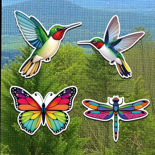 Screen Door Magnets Decal 4 Pairs (8pcs) Cartoon Hummingbird Butterfly Dragonfly Decorative Flexible Double Sided Magnetic Stickers Patches for Window Screen Sliding Screen Doors Protector