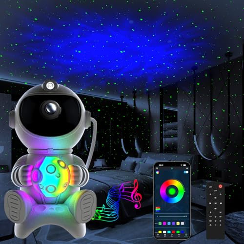 HONPHIER Astronaute Projecteur Avec Haut-parleur Projecteur Ciel Etoile avec 8 Modes Nébuleuse LED Veilleuse Etoile Plafond Galaxie Lampe pour Enfants et Adultes (Lune)