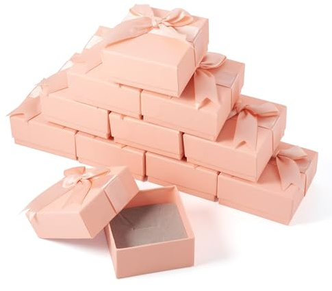 FASHEWELRY Lot de 12 boîtes à bijoux carrées en papier rose 7 x 7 x 3,5 cm avec ruban pour mariage, anniversaire, Noël, Saint-Valentin