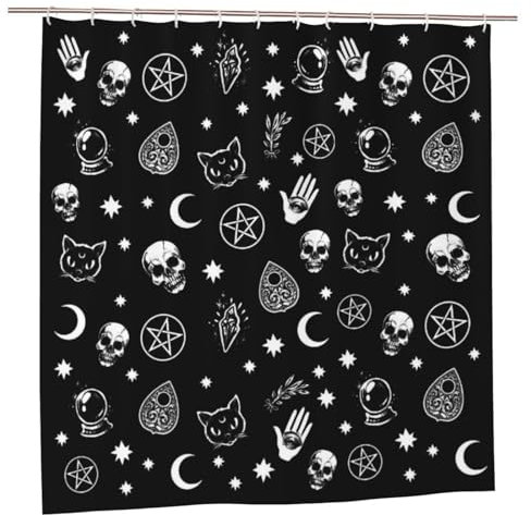 Newhomestyle Rideau de douche gothique motif tête de mort chat lune Halloween rideau de salle de bain rideau de salle de bain imperméable à séchage rapide en polyester avec 12 crochets, 180 x 180 cm