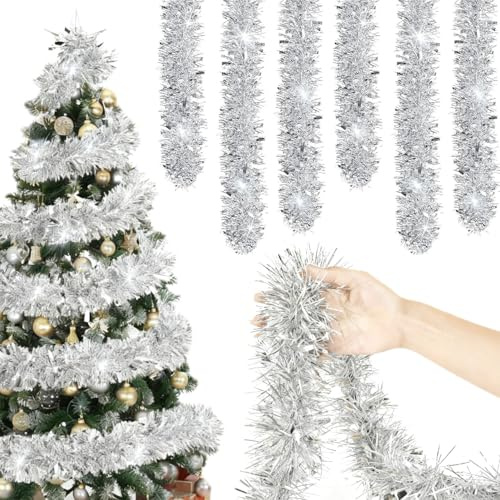 6 Stück Lametta Girlande Silbe, Lametta Silber Weihnachtsdeko, Silber Lametta Girlande, Für Weihnachtsbaum, Party, Hochzeit, DIY, 2m Länge