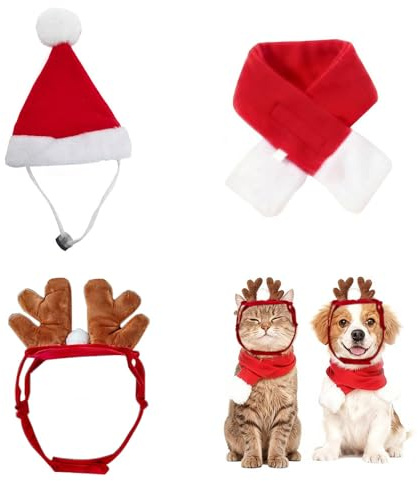 Vêtements pour Animaux de Compagnie de Noël Bonnet de Père Noel Écharpe Serre-Tête en Bois de Cerf pour Chats Chiens Cadeau de Noël Réglable Décoration Accessoires pour Animaux (B)