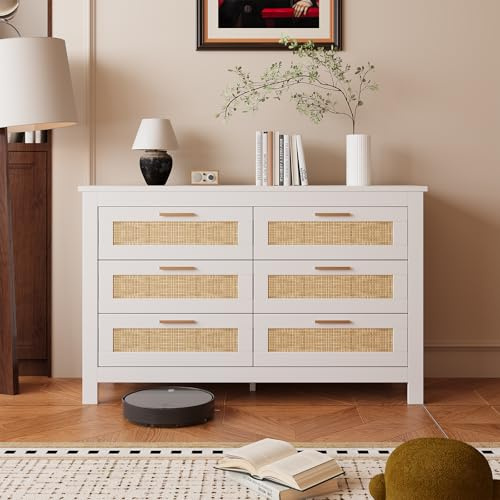 Ztexkee Sideboard Holz Kommode mit 6 Schubladen Rustikaler Stil Komodenschrank Schubladenschrank TV-Möbel für Wohnzimmer Schlafzimmer 123x40x75 cm Rattan Schubladenkommode Weiß und Gelb