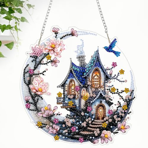 CEOVR Haus Diamant Painting Bilder Erwachsene Kits,Diamond Painting Hanging Ornament Kits 19.2x19.8cm,Haus und Mond Diamant Malerei Ornament für Wand Dekoration