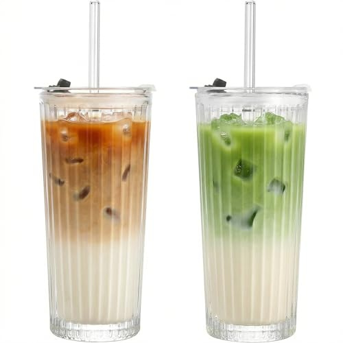 VITEVER 18oz Matcha Gläser mit Deckel und Strohhalm, 2er Set Auslaufsichere Eiskaffee Becher, Dickwandiges Glas für Smoothies und Säfte, Autobecherhalter Freundlich, Spülmaschinenfest