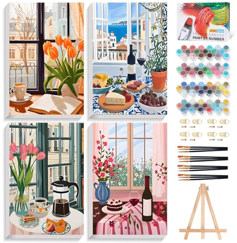 4 Pack Paint by Numbers for Adults with Frame, Window Scenery, 8x12 Inch | Coffee DIY Painting Kits with Wooden Easel, Framed Canvas Art Set for Beginners, Relaxing Home Decor Craft Gift