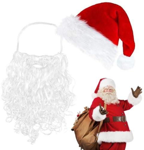 EAVUYIS Weihnachtsmann Bart Weihnachtsmütze mit Bart Erwachsene Weihnachtsmann Kostüm Accessoires Nikolausmütze mit Bart