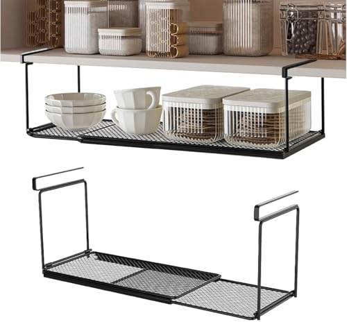 SANLIUBA Cesta Debajo del Estante,Cesta colgante metálica ajustable de 38-70 cm para estantes inferiores, adecuada para armarios de cocina, despensas y armarios para zapatos (negro)