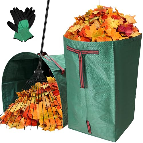 Fuyuleyo Sacchetti per rifiuti da giardino, 270 l, resistenti, tipo paletta, con manici e guanti, riutilizzabili, grandi, impermeabili, per foglie, erba, rifiuti