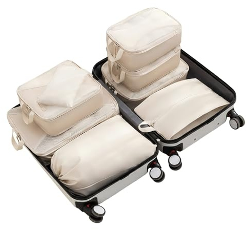 Perclyzm Koffer Organizer, Travel Packing Cubes Compression, Kompressions-Organizer Mit Schuhtasche, Wasserdichte Tasche & Wäschesack, Leichtes Gepäck-Organizer Für Geschäftsreisen (Beige, 8 Set)