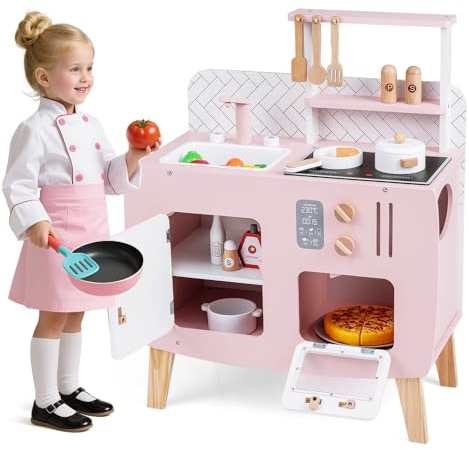 HOMASIS Spielküche mit 7 Zubehör, Kinderküche mit Spüle, Herd & Ofen, kleine Spielzeugküche aus Holz, Kinderspielküche mit Schrank, 3 Haken & 2 Regale, Holzküche Eckküche für Kinder ab 3 Jahre, Rosa