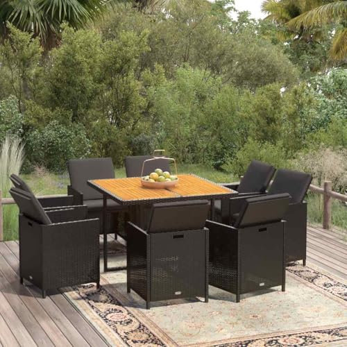 HGBNMER 9-TLG. Garten-Essgruppe mit Kissen Poly Rattan Schwarz – Outdoor Esstischgruppe Rattan mit Stahlrahmen, klappbare Stühle unter Tisch verstaubar, Sitzgruppe Garten schwarz