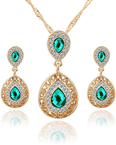 AILUOR Wassertropfen Kristall Schmuck Set, Vintage keltischen Knoten Wassertropfen grün Edelstein Anhänger Halskette Ohrstecker Schmuck Set für Frauen Mutter Braut Hochzeit