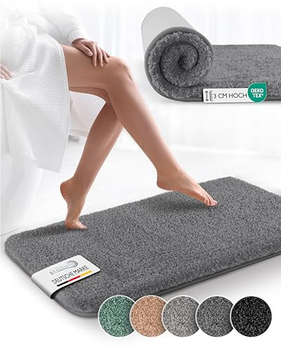 Beautissu Badematte rutschfest 120x70 cm – Duschvorleger Hochflor Badteppich rutschfest Waschbar Shaggy Optik – Flauschig Badvorleger Badezimmerteppich Groß – Badematte Anthrazit BeauMare FL