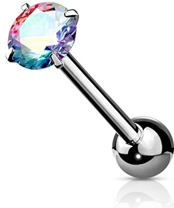 Tata Gisèle Piercing Langue Barbell en Acier Chirurgical 316L et Oxyde de Zirconium - Piercing Langue avec Zircon Rond Serti Quatre Griffes - (Argenté/Aurore Boréale)