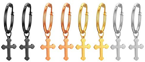 JewelryWe Schmuck 4 Paare Herren Damen Ohrringe, Poliert Kreuz Creolen Ohrstecker, Edelstahl, Silber Schwarz Gold Rosegold
