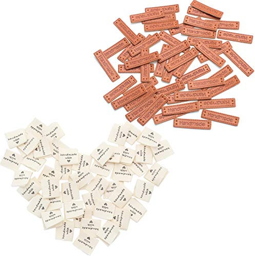 50 pcs Handmade mit Liebe Stoff Labels Tags & 50 pcs PU Handmade Labels Leder Etiketten Tags Kleidungszubehör Handgemacht Kleider Etiketten zum annähen Einnähen Textiletiketten Nähen DIY Dekor