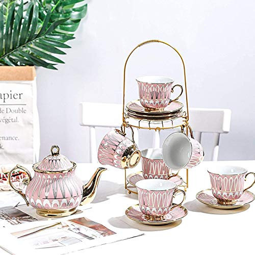 RDJSHOP Britische Porzellan Tee Sets, Keramische Teekanne mit Tassen und Untertassen Set mit Getränkehalterständer Keramik-Teeservice für Erwachsene Nachmittagstee-Set,Pink