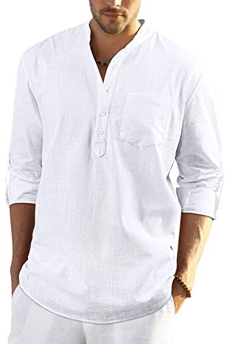 Enlision Mens Cotton Linen Shirts Summer Lightweight Beach Shirt Long Sleeve Roll Up Collarless White Henley Shirt XL