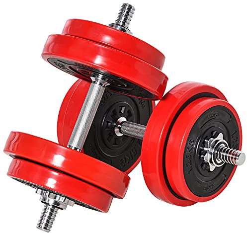 HOMCOM Hantelset 20 KGS 2-IN-1 Hanteln&Langhanteln verstellbar Gewichtheben für Zuhause Fitness Muskel Rot+Schwarz 21,5 x 21,5 x 3,8 cm