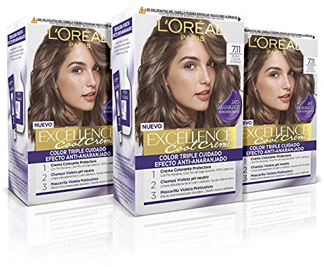 L'Oréal Paris Excellence Cool Creme Permanente Haarfarbe, dreifache Pflege, Anti-Anorange-Effekt, 7.11 Blond, intensives Aschblond, 3 Stück