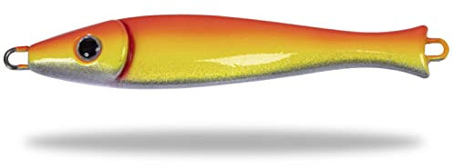 Rhino Premium Big Head Pilker Angelköder für das Meeres-Angeln Kunstköder für große Tiefen in Norwegen in klassicher Form, scharfe und stabile Drillings-Angelhaken, rot/orange/Silber, 300 g