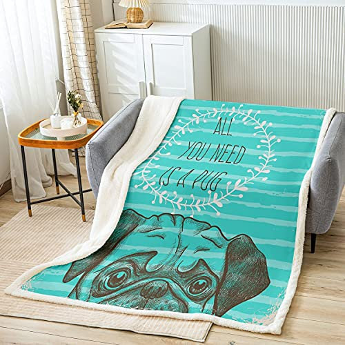 Mops Wohndecke Kinder Karikatur Haustier Hund Tier Decke 150x200cm Für Mädchen Jungen Jugendliche Ultra weich Mops Hundeliebhaber Kuscheldecke Blaugrün Streifen Zimmer Dekor Flanell Fleecedecke