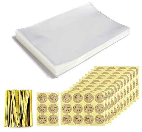 150 sacs en plastique OPP transparents, 150 autocollants, 200 morceaux de fil de scellement pour biscuits, chocolats, pâtisseries, emballages cadeaux de bijoux en perles