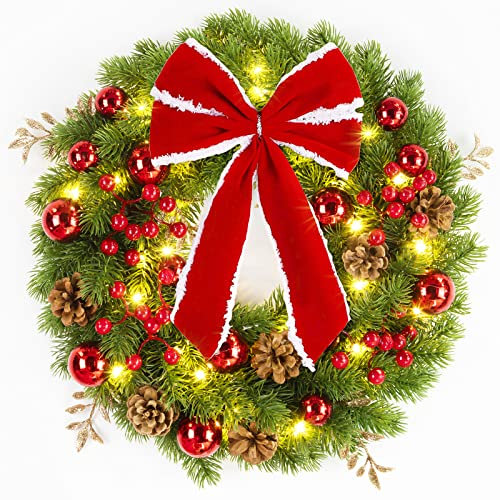Globalink Christmas Wreath with Lights, 40cm/16in Battery Christmas Door Wreath with 40 Led, Timer and 8 Mode, Artificial Light up Christmas Wreaths Decoration for Front door, Window, Fireplace, Wall