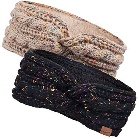 Damen Winter Stirnband Gefüttert mit Fleece - Gestrickt Mädchen Ohrenwärmer Haarband Elastische Kopfband, Damen Twist Gestricktes Stirnbänder 2 Stück (Schwarzer Punkt+Beige Punkt)