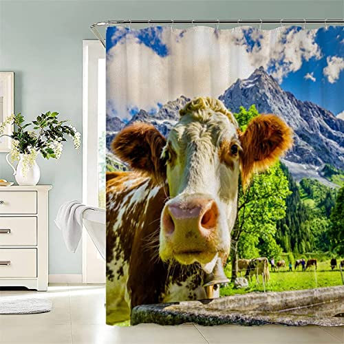 BUMIYA Kuh Tiere Duschvorhang 240x200 Anti-Schimmel Waschbar Österreichische Kuh Badezimmer Vorhänge Anti-Schimmel Anti-Bakteriell 3D Digitaldruck Waschbar Badewanne Vorhang mit 12 Duschvorhangringen