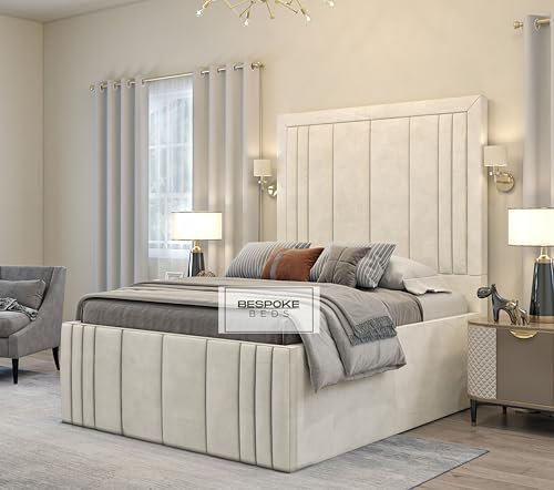 BESPOKE BEDS Upholstered Bed Frame, Ottoman Storage Bed Frame, Plush Velvet Bed Frame With Storage, Double King,Super King Bed Frames (Cream Plush Velvet, 4FT SMALL DOUBLE)