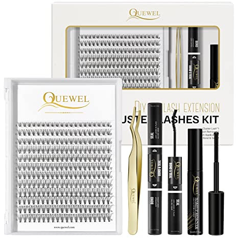 Individual-Lashes 240 Cluster-Lashes QUEWEL DIY Lash Extensions Kit, Clusters Eyelash Applicator, Cluster Lashes Bond and Seal Super Hold, Clusters Lash Glue Remover Easy to Remove(10D-0.10D MIX8-14)