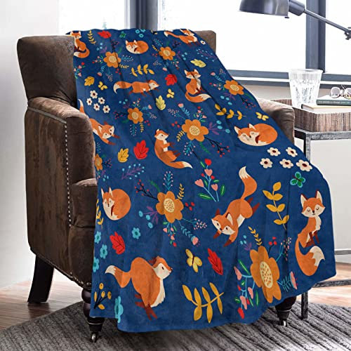 Decke Fuchs Baby, Blau Kuscheldecke Fuchs mit Blume, Weich Flanell Muster Kuscheldecke, Warm Plüsch Fleece Wohndecke für Newborn Kinder Frauen Tochter Geburtstagsgeschenke Krippe Sofa Deko, 76x102cm