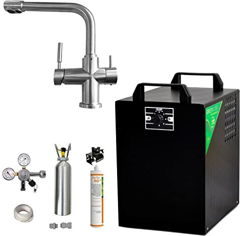 Tafelwassergerät BieTal® BT-25U Untertisch Wassersprudler für bis zu 25 Liter pro Stunde Sprudelwasser mit Kühlung & Wasserhahn Küche Mischbatterie 3-Wege L-Auslauf Voll Edelstahl & Filteranlage Set