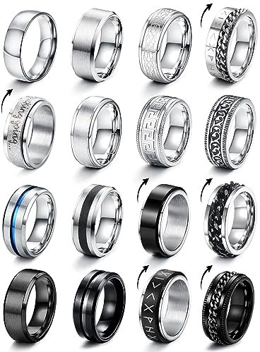 CASSIECA 16 Stück Edelstahl Herren Ringe Silber Schwarz Matt Finish Poliert Band Ring Keltischer Knoten Vintage Biker Ringe Wikinger Verlobungsringe für Herren Männer Größe 57