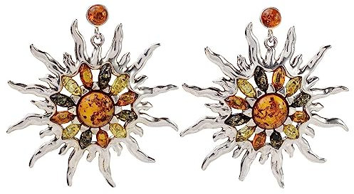 Bernsteinschmuck – Ohrringe aus Sterlingsilber und baltischem Bernstein, mehrfarbige Bernstein-Ohrringe Rosella (groß), Edelstein-Ohrringe, Schmuck-Kollektion, Edelstein-Metall, Bernstein, Metall