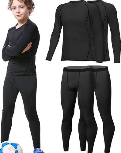 HOPLYNN 2er Pack Thermounterwäsche Set für Kinder Funktionsunterwäsche Skiunterwäsche Jungen Atmungsaktiv Thermo Unterwäsche Warme Fussball Ski Schwarz-XS