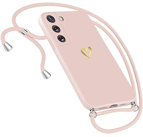 Handykette Hülle für Samsung Galaxy S22 Hülle Necklace, Herz Motiv Muster Handyhülle für Samsung Galaxy S22 Hülle mit Band Kordel zum Umhänge Band Ultradünn Hülle für Samsung S22 Handykette (Rosa)