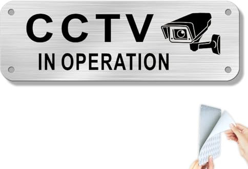 SINMAO CCTV In Operation Sign Brushed Aluminum Self-Adhesive 15x5cm Camera Recording Security Safety Sign for Windows Outdoor or Indoor