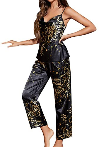 Pyjama seniors femmes ensemble printemps et été deux pièces été fine soie glacée vêtements de maison pour femmes soie chinoise kimono (noir, S), Noir , S
