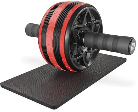 Hop-Sport AB Roller mit rutschfesten Griffen, AB Wheel + extra Kniematte, Bauchtrainer - ideal für Zuhause, Bauchroller für Core-Training (Szwarz-Rot)