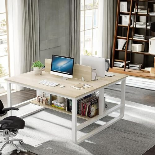 XNINJA Two-Person Desk with Partition, Double Computer Table for Home Office, Dual Workspace Desk with Storage Shelves Ideal for Home, Office and Enterprise (47 Inch, White)