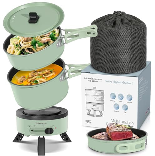 ENFRIFAM Elektrischer Hot Pot mit Faltbare Handhaben, Tragbar Multikocher mit Hotpot und Bratpfanne für Wohnmobil, Wohnheim, Büro, Outdoor, Camping, 1,8 L Suppentopf + 1,1 L & 0,75 L Bratpfanne