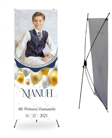 Cartel Comunión Niño. Personalizado con Foto. Photocall Bienvenida Comunión niño. Decoración fiesta Comunión. Soporte y funda incluidos (GLOBOS)