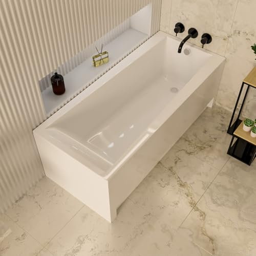 ECOLAM® Badewanne LINDA + Schürze | Wanne Acrylwanne Rechteck Sanitäracryl | Komplett Set mit Acrylschürze + Ablaufgarnitur Ab- und Überlauf Automatik Füße Silikon (weiß, 170x75 cm)