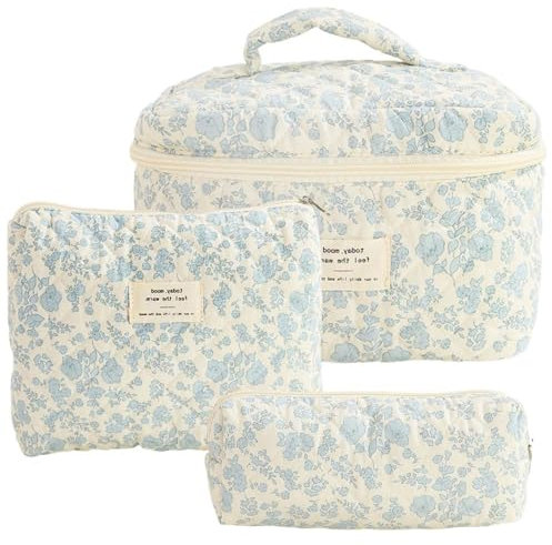 Damen Gesteppte Kulturtasche, 3 Stück Kosmetiktasche, Blumenmuster Kulturbeutel Set, Reisen Schminktasche Gedruckt, Baumwolle Make up Bag für Frauen Mädchen (Blau)