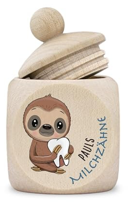 Zahndose Milchzähne Junge modern Dose Holz personalisiert Druck Name Comic Faultier